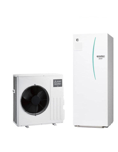 Pompa di calore Mitsubishi R32 6 kW Ecodan Hydrotank con accumulo ACS integrato da 170L con unità esterna SUZ-SWM60VA e unità interna Ecodan Hydrotank ERST17D-VM2D per riscaldamento/raffrescamento e produzione di ACS Classe A++